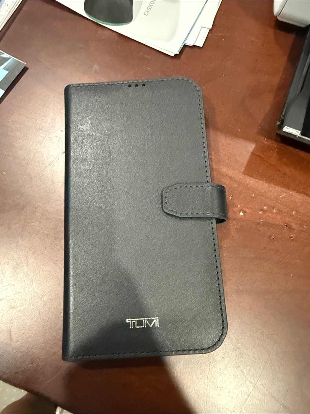 Tumi Black Leather Folio Phone Case with Snap Closure - IPhone 13 Pro Max